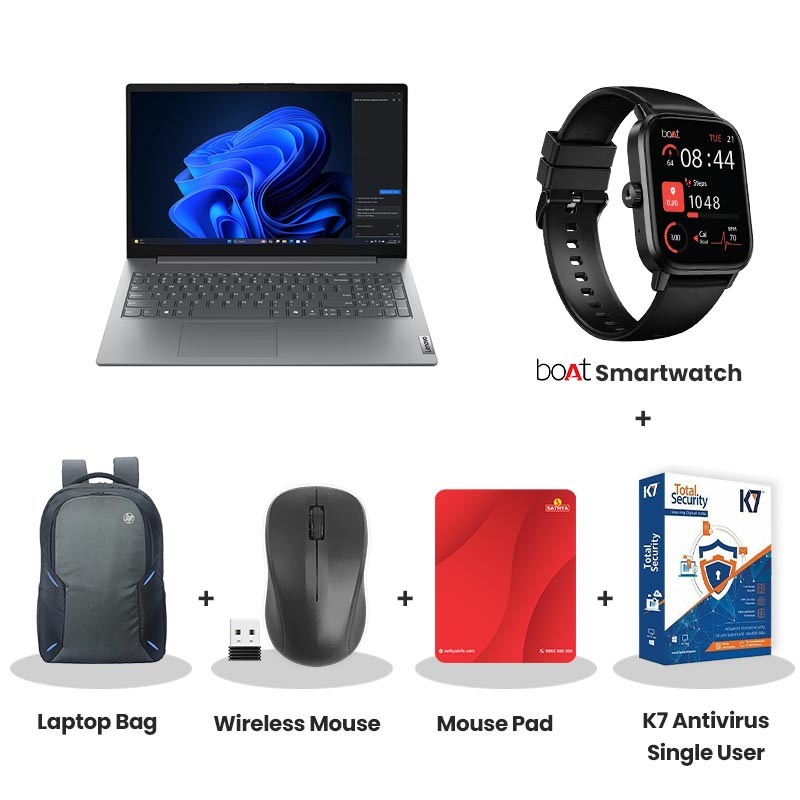 Lenovo V15 G5 IRL - Intel Core i3-1315U 15.6" (39.62 cm) 83HF00EWIG Thin & Light Laptop (16GB/ 512GB SSD/ Full HD Display/ Integrated Intel UHD Graphics/ DOS/ 1Year Warranty/ Luna Grey/ 1.61 kg) with bOAt Smartwatch + Laptop Bag Wireless Mouse + Mouse Pad +  K7 Antivirus Single User