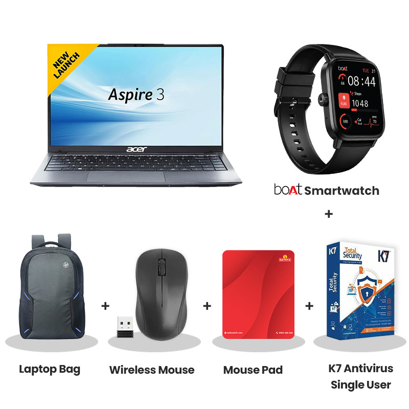 Acer Aspire 3 - Intel Core i5-1334U 15" (38.1 cm) A325-53 Thin and Light Laptop (8GB DDR4/ 500GB SSD/ Full HD IPS Display/ Copilot Key/ Intel UHD Graphics/ Windows 11 Home/ MS Office/ 1Year Warranty/  Silver/ 1.5 kg) with bOAt Smartwatch + Laptop Bag Wireless Mouse + Mouse Pad +  K7 Antivirus Single User