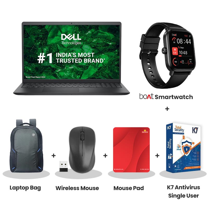 Dell 15 - AMD Ryzen 5-7520U 15.6" (39.62cm) Thin & Light Laptop (8GB LPDDR5/ 512GB SSD/ Full HD Display/ LED-Backlit Standard Keyboard/ Windows 11 Home/ Office Home 2024 + M365 Basic/ 1Year Warranty/ Carbon Black/ 1.67 Kg)  with bOAt Smartwatch + Laptop Bag Wireless Mouse + Mouse Pad +  K7 Antivirus Single User