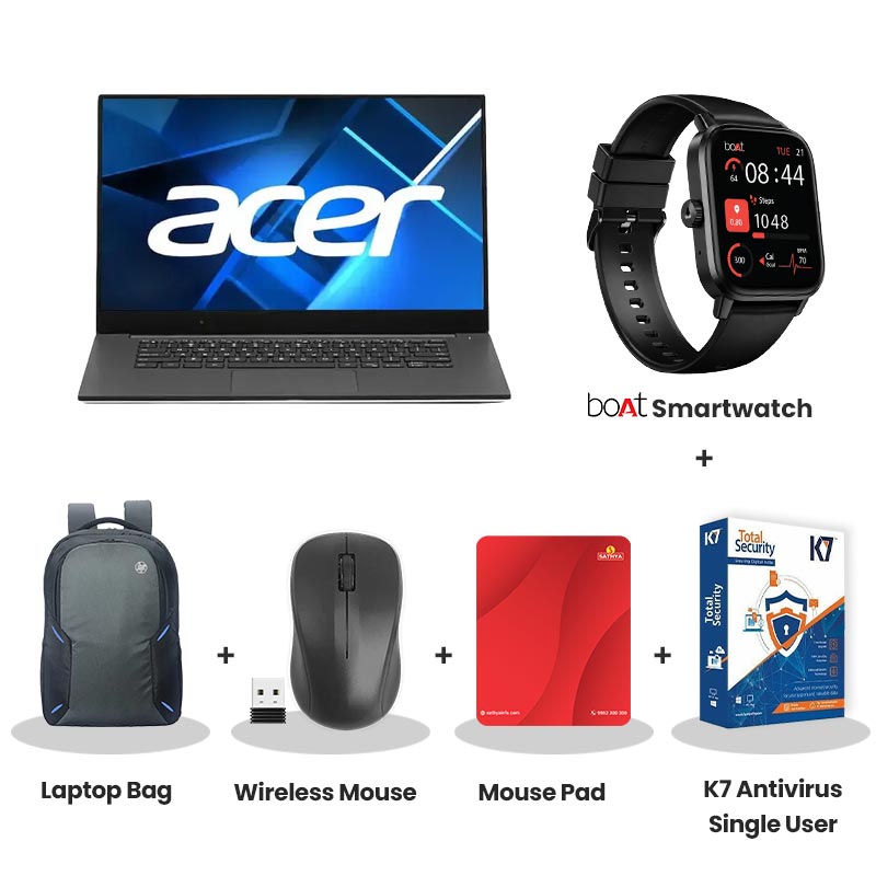 Acer Aspire Lite - AMD Ryzen 5 7430U 15.6" (39.6 cm) AL15-41 Thin & Light Laptop (16GB/ 512 GB SSD/ Full HD Display/ Metal Body/ Windows 11 Home/ AMD Radeon Graphics/ MS Office/ Steel Gray/ 1.59 kg) with bOAt Smartwatch + Laptop Bag Wireless Mouse + Mouse Pad +  K7 Antivirus Single User