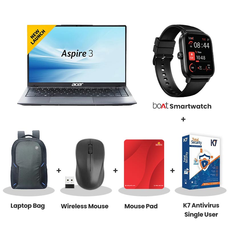 Acer Aspire 3 -  Intel Core i3-1305U 15" (38.1 cm)  Thin and Light Laptop  (8GB DDR4/ 500GB SSD/ Full HD IPS Display/ Copilot Key/ Intel UHD Graphics/ Windows 11 Home/ MS Office/ 1Year Warranty/ Silver/ 1.5 kg) with bOAt Smartwatch + Laptop Bag Wireless Mouse + Mouse Pad +  K7 Antivirus Single User