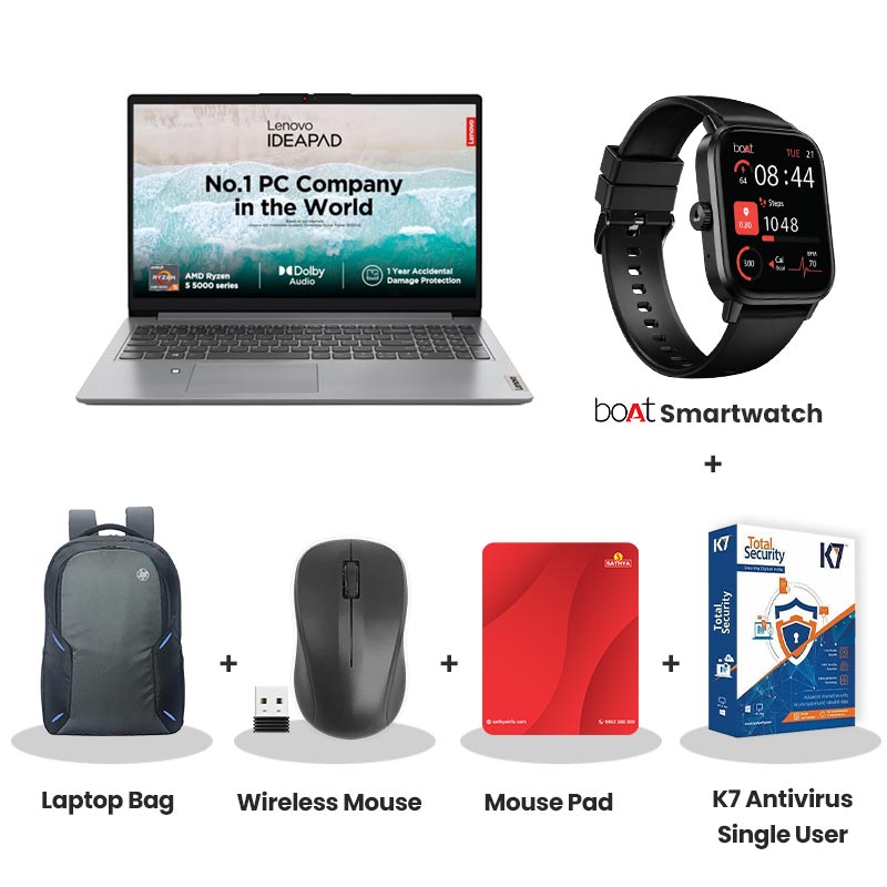 Lenovo  IdeaPad Slim 3 -  AMD Ryzen 5 7520U 15.6" (39.62 cm)  82XQ00W4IN Thin & Light Laptop (16GB / 512GB SSD/ Full HD Display/  Camera Privacy Shutter/ AMD Radeon 610M Graphics/ Anti-glare/ Windows 11 Home/ Microsoft 365 Basic + Office Home 2024/ 1Year Warranty/ Arctic Grey/ 1.62 kg)  with bOAt Smartwatch + Laptop Bag Wireless Mouse + Mouse Pad +  K7 Antivirus Single User