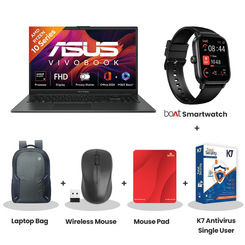Asus Vivobook 15 - AMD Ryzen 5 40 15.6" (39.62cm) E1504FA-BQ2116WS Thin & Light Laptop (16GB DDR5/  512GB SSD/ Windows 11 Home/Office Home 2024 + M365 Basic (1 Year Validity)/ 1Year Warranty/ Mixed Black/ 1.70 kg)  with bOAt Smartwatch + Laptop Bag Wireless Mouse + Mouse Pad +  K7 Antivirus Single User