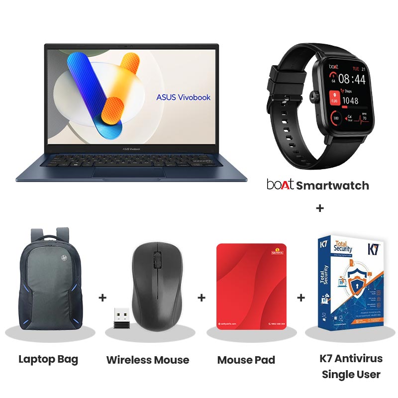 Asus  Vivobook 14 - Intel Core 5 120U 14" (35.56 cms) X1404VAP-EB1522WS Thin & Light Laptop (8GB/ 512GB SSD/  Full HD Display/  Intel Graphics/ Windows 11 Home/ Office Home 2024 + M365 Basic (1 Year Validity)/ 1Year Warranty/ Quiet Blue/ 1.40 kg)  with bOAt Smartwatch + Laptop Bag Wireless Mouse + Mouse Pad +  K7 Antivirus Single User