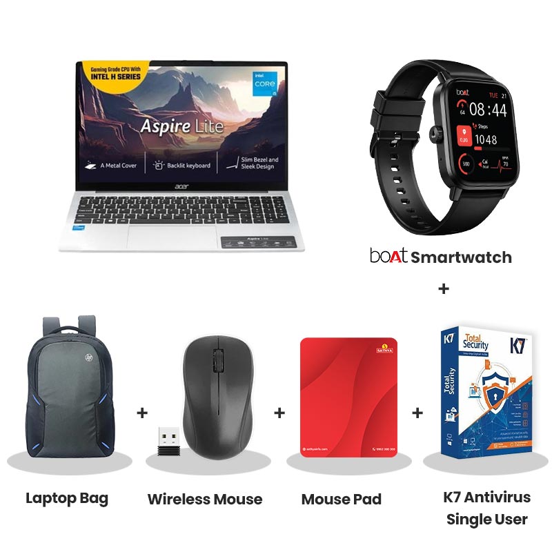 Acer Aspire Lite - 13th Gen Intel Core i5-13420H 15" (38.1 cm) AL15-52H Thin & Light Laptop (16GB/ 512GB SSD/ IPS Display/ Intel UHD Graphics/ Backlit Keyboard/ Windows 11 Home/ MS Office/ 1 Year Warranty/ Steel Gray/ 1.70 kg) with bOAt Smartwatch + Laptop Bag Wireless Mouse + Mouse Pad +  K7 Antivirus Single User