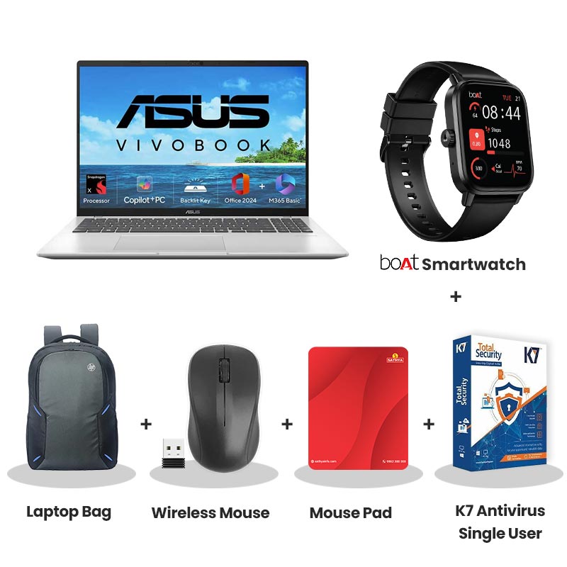 Asus Vivobook 16 (2025) - Snapdragon X X1 26 100 16" (40.64 cm) X1607QA-MB050WS AI Powered Thin and Light Laptop (16GB/ 512GB SSD/ WUXGA Display/ Qualcomm Adreno GPU/ Windows 11 Home/ Office Home 2024/ 1Year Warranty/ Cool Silver/ 1.88 kg)   with bOAt Smartwatch + Laptop Bag Wireless Mouse + Mouse Pad +  K7 Antivirus Single User