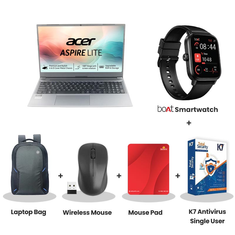 Acer Aspire Lite -  AMD Ryzen 7-7730U 15.6" (39.62 cm)  AL15-41 Thin & Light Laptop (16GB/ 512GB SSD/ Full HD Display /Integrated AMD Radeon Graphics/ Windows 11 Home / MS Office/ 1Year Warranty/ Steel Gray/ 1.6 Kg)  with bOAt Smartwatch + Laptop Bag Wireless Mouse + Mouse Pad +  K7 Antivirus Single User