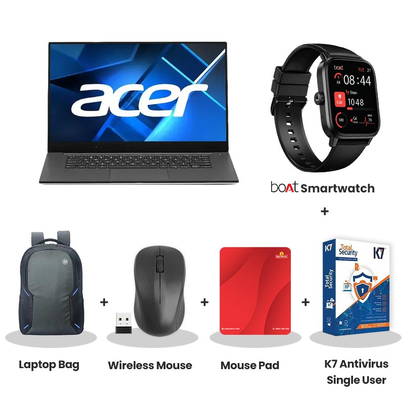 Acer Aspire  Go 14-  Intel Core Ultra 5 125H 14.0" (35.56 cm) Thin and Light Laptop (16GB DDR5/ 512GB SSD/ WUXGA IPS/ Intel ARC Graphics/ Windows 11Home/ MS office/ Steel Gray/ 1.5 kg) with bOAt Smartwatch + Laptop Bag Wireless Mouse + Mouse Pad +  K7 Antivirus Single User