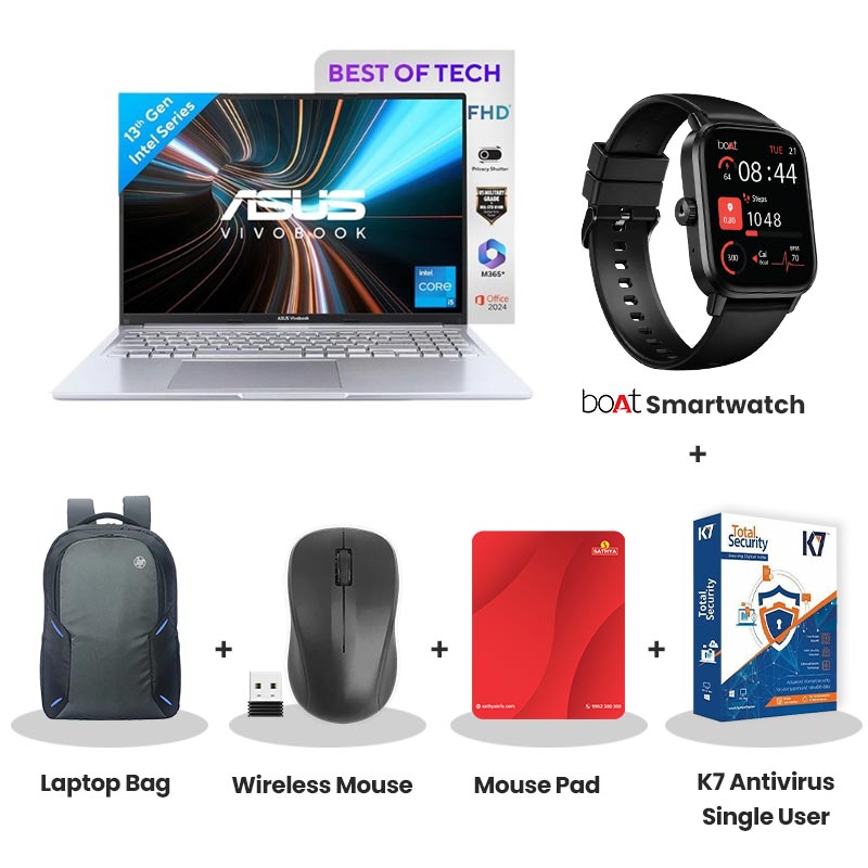 ASUS Vivobook 16 - Intel Core i5-13420H 16" (40.64cm) X1605VA-MB1627WS Thin & Light Laptop (16GB/ 512GB SSD/ Intel Iris Xᵉ Graphics/ Windows 11 Home/ Office Home 2024/ 1Year Warranty/ Cool Silver/ 1.88 Kg) with bOAt Smartwatch + Laptop Bag Wireless Mouse + Mouse Pad +  K7 Antivirus Single User