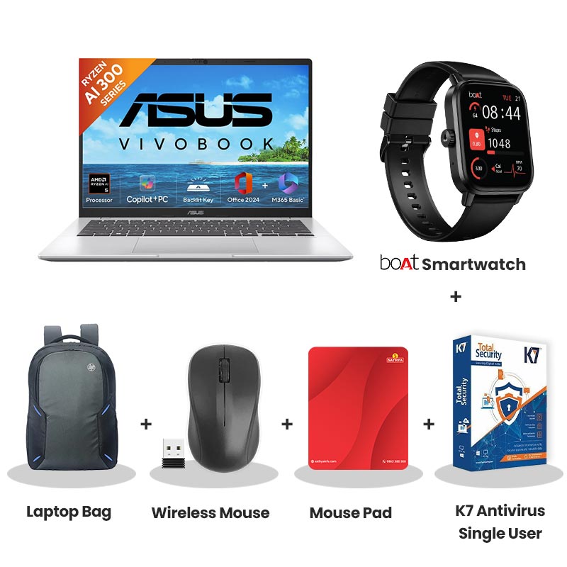 Asus Vivobook 14 - AMD Ryzen AI 5 330 14" (35.56 cms) M1407KA-LY131WS Thin & Light Laptop (16GB/ 512GB SSD/  Full HD Plus Display/ AMD Radeon Graphics/ Windows 11 Home/ Office Home 2024 + M365 Basic (1Year Validity)/ 1Year Warranty/ Cool Silver/ 1.46 kg) with bOAt Smartwatch + Laptop Bag Wireless Mouse + Mouse Pad +  K7 Antivirus Single User
