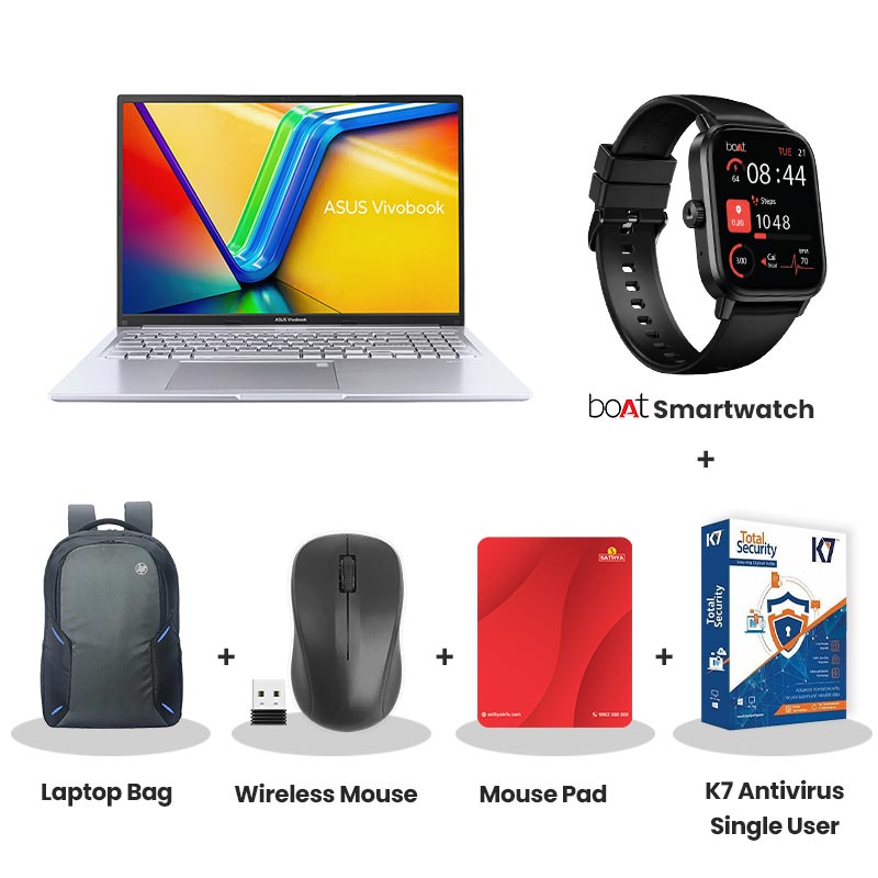 Asus Vivobook 16 - AMD Ryzen 5 150 16" (40.64cm) M1605NAQ-MB095WS Thin & Light Laptop (16GB DDR5/ 512GB SSD/  Full HD Plus Display/  AMD Radeon Graphics/ Windows 11 Home/ Office Home 2024 + M365 Basic (1 Year Validity)/ 1Year Warranty/ Cool Silver/ 1.88 kg) with bOAt Smartwatch + Laptop Bag Wireless Mouse + Mouse Pad +  K7 Antivirus Single User