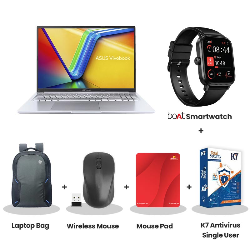 Asus Vivobook 15 - Intel Core 3 100U 15.6" (39.62 cm) X1504VAP-BQ1341WS Thin & Light Laptop (16GB DDR5/ 512GB SSD/ Full HD Display/  Intel Graphics/ Windows 11 Home/ Office Home 2024 + M365 Basic (1 Year Validity)/ 1Year Warranty/ Cool Silver/ 1.70 kg)  with bOAt Smartwatch + Laptop Bag Wireless Mouse + Mouse Pad +  K7 Antivirus Single User