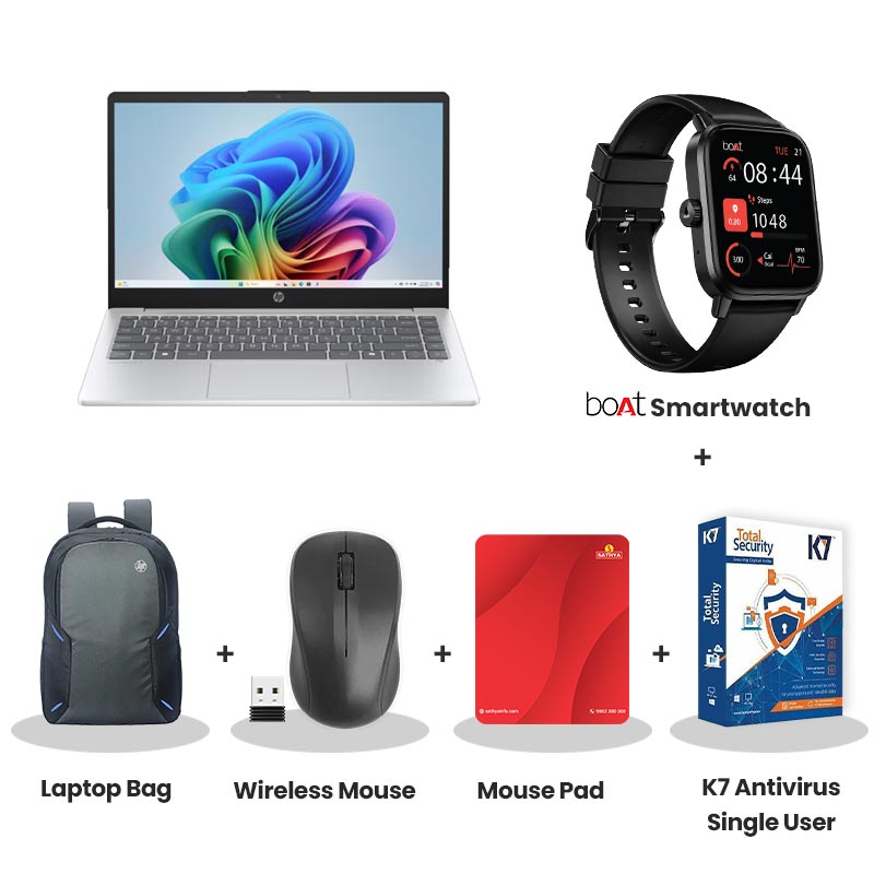 HP OmniBook 3 NGAI - AMD Ryzen AI 5 340 15.6" (39.6cm) Thin & Light Laptop (16GB DDR5/ 512GB SSD/ Full HD Display/ AMD Radeon 840M Graphics/ Micro-edge/Mic mute key/ Camera Privacy Shutter/ Windows 11 Home/ MS Office 2024/ 1Year Warranty/ Glacier silver/ 1.7 kg)  with bOAt Smartwatch + Laptop Bag Wireless Mouse + Mouse Pad +  K7 Antivirus Single User