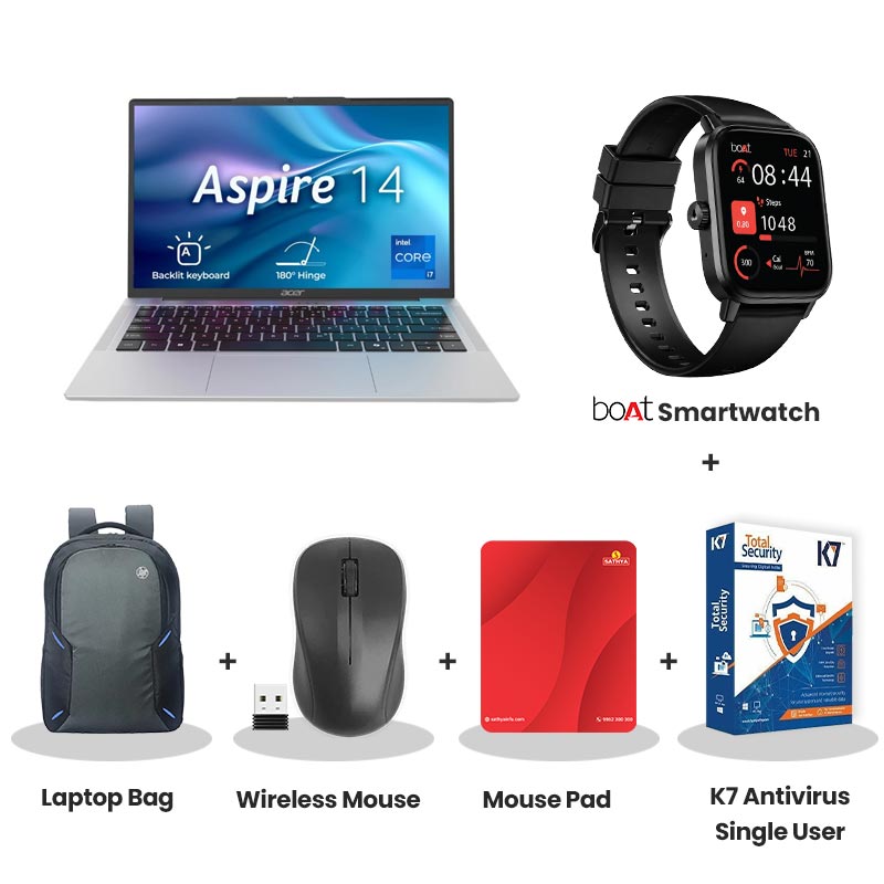  Acer Aspire 14 - 13th Gen Intel Core i7-13620H 14"  (35.56 cm) AS14H-53 Thin and Light Laptop (16GB/ 512GB SSD/ WUXGA IPS Display/ Intel UHD Graphics /Backlit keyboard/ Windows 11 Home/ MS Office/ 1Year Warranty/ Pure Silver/ 1.44 kg)  with bOAt Smartwatch + Laptop Bag Wireless Mouse + Mouse Pad +  K7 Antivirus Single User