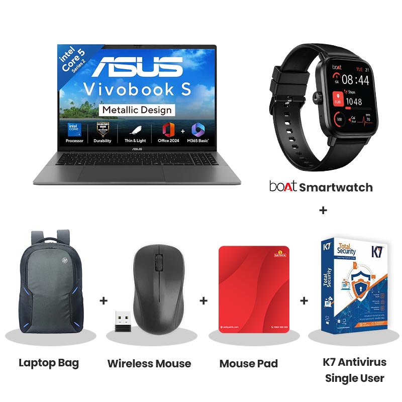 Asus Vivobook S16 - Intel Core 5 210H 16" (40.64 cm)  S16 S3607VA-RP113WS Thin and Light Laptop  (16GB DDR5 / 512GB SSD/ Full HD Plus Display/ Intel UHD Graphics/ Windows 11 Home/Office Home 2024 + M365 Basic (1 Year Validity)/ 1Year Warranty/ Matte Gray/ 1.70 kg) with bOAt Smartwatch + Laptop Bag Wireless Mouse + Mouse Pad +  K7 Antivirus Single User