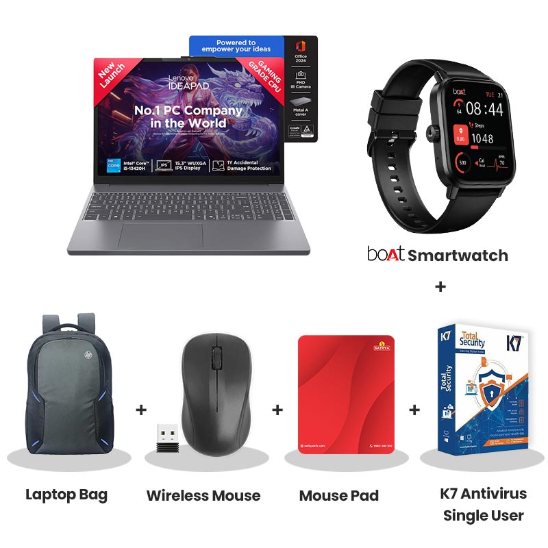 Lenovo IdeaPad Slim 3 - Intel Core i5-13420H 15.3" (38.86 cm) 83K100HSIN Thin & Light Laptop (16GB/ 1TB SSD/ WUXGA PS 300nits Anti-glare/ Integrated Intel UHD Graphics/ Backlit keyboard/ Camera Privacy Shutter/ Windows 11 Home/ Office Home 2024/ 1Year Warranty/ Luna Grey/ 1.59kg)    with bOAt Smartwatch + Laptop Bag Wireless Mouse + Mouse Pad +  K7 Antivirus Single User