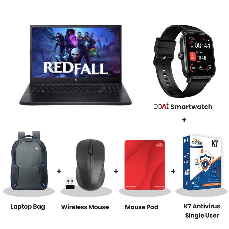  Acer Nitro V 15 - AMD Ryzen 5-6600H 15.6" (39.62cm) ANV15-41 Gaming Laptop (16GB / 512GB SSD / Full HD IPS Display/ Windows 11 Home/ NVIDIA GeForce RTX 3050 6G-GDDR6/ 165Hz/ Backlit Keyboard / 1 Year Warranty/ Obsidian Black / 2.1Kg) with bOAt Smartwatch + Laptop Bag Wireless Mouse + Mouse Pad +  K7 Antivirus Single User