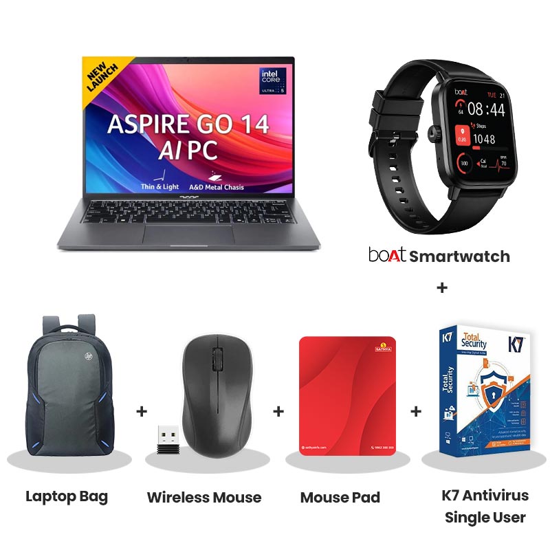 Acer Aspire Go 14 - Intel Core Ultra 5 125H 14.0" (35.56 cm) AG14-71M Premium Thin and Light Laptop (16GB/ 1TB SSD/ WUXGA IPS/ Backlit Keyboard/ Windows 11Home/ MS office/ Space Gray/ 1.5 kg) with bOAt Smartwatch + Laptop Bag Wireless Mouse + Mouse Pad +  K7 Antivirus Single User