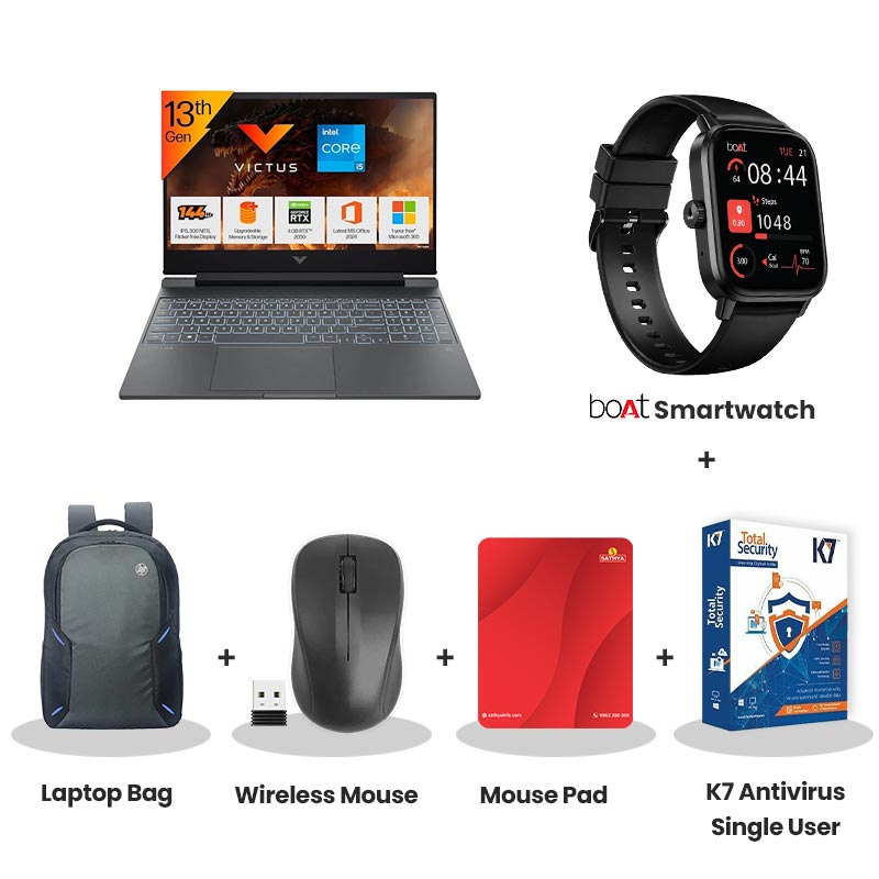 HP Victus - 13th Gen Intel Core i5-13420H 15.6" (39.6 cm) 15-fa2703TX Gaming Laptop  (16GB/ 512GB SSD/ Full HD Display/ NVIDIA GeForce RTX 2050 4GB/ Backlit Keyboard/ Anti-Glare/ Ethernet port/ Windows 11 Home/ MS Office 2024/ 1 Year Warranty/ Mica silver/ 2.29 kg) with bOAt Smartwatch + Laptop Bag Wireless Mouse + Mouse Pad +  K7 Antivirus Single User
