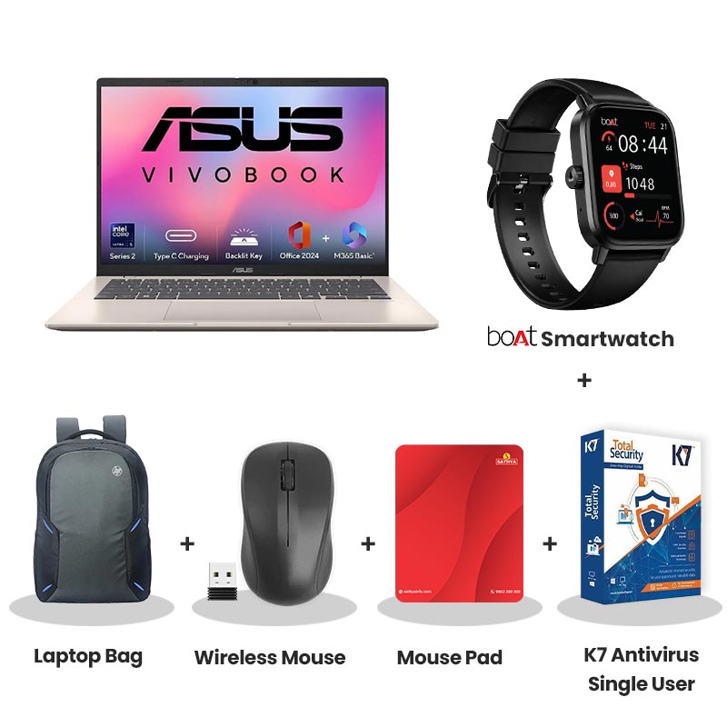  Asus Vivobook 14 - Intel Core Ultra 5 225H 14" (35.56 cms) AI Powered Laptop (16GB DDR5/ 1TB SSD/ WUXGA Display/ Intel Graphics/ Windows 11 Home/ Office Home 2024 + M365 Basic (1 Year Validity)/ 1Year Warranty/ Platinum Gold/ 1.46 kg) with bOAt Smartwatch + Laptop Bag Wireless Mouse + Mouse Pad +  K7 Antivirus Single User