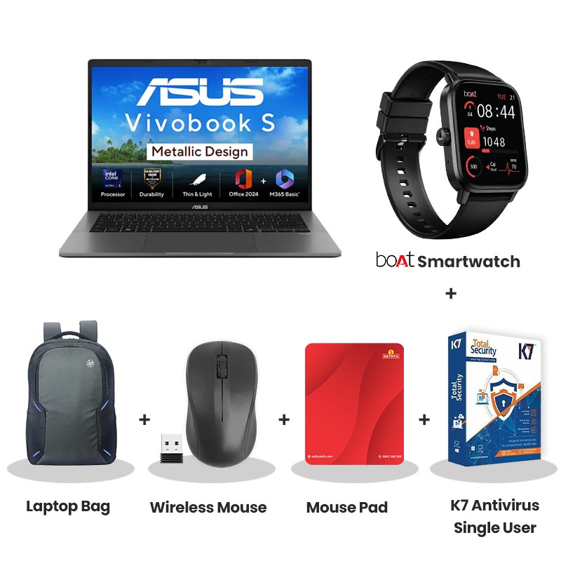 Asus Vivobook S14 -  Intel Core Ultra 5 225H 14" (35.56 cms) S3407CA-LY057WS  AI Powered Light Weight Laptop  (16GB DDR5/ 512GB SSD/WUXGA Display/ Intel Graphics/ Windows 11 Home/Office Home 2024 + M365 Basic (1 Year Validity)/ 1Year Warranty/ Matte Gray/ 1.40 kg) with bOAt Smartwatch + Laptop Bag Wireless Mouse + Mouse Pad +  K7 Antivirus Single User