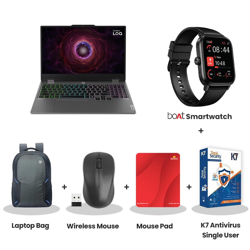 Lenovo LOQ 2024 - AMD Ryzen 5 7235HS 15.6" (39.6 cm) 83JC00EFIN Gaming Laptop (24GB RAM/ 512GB SSD/ Full HD Display/ NVIDIA GeForce RTX 3050 6GB/ White Backlit/ Anti-Glare/ Ethernet Port/ Windows 11 Home/ MS Office 2024/ 1 Year Warranty / Luna Grey/ 2.38 kg) with bOAt Smartwatch + Laptop Bag Wireless Mouse + Mouse Pad +  K7 Antivirus Single User