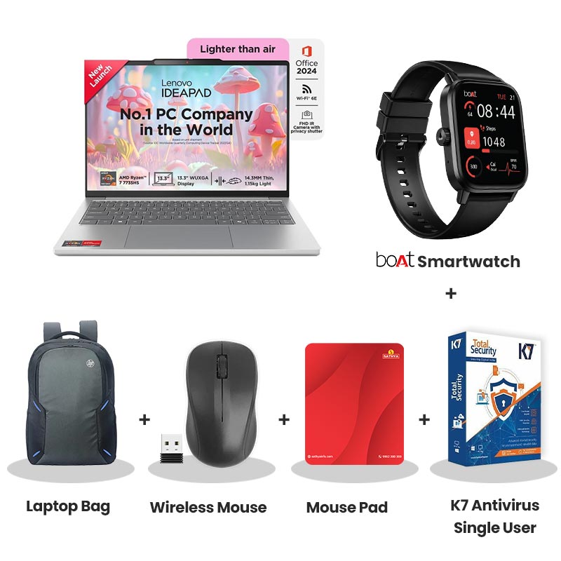 Lenovo IdeaPad Slim 5 - AMD Ryzen 7 7735HS 13.3" (33.7cm) 83J2000HIN Thin & Light Laptop (16GB/ 512GB SSD/ Integrated AMD Radeon 680M Graphics/ WUXGA IPS Display/ Windows 11 Home/ MS Office 2024/ Backlit Keyboard/ 1Year Warranty/ Grey/ 1.15Kg) with bOAt Smartwatch + Laptop Bag Wireless Mouse + Mouse Pad +  K7 Antivirus Single User