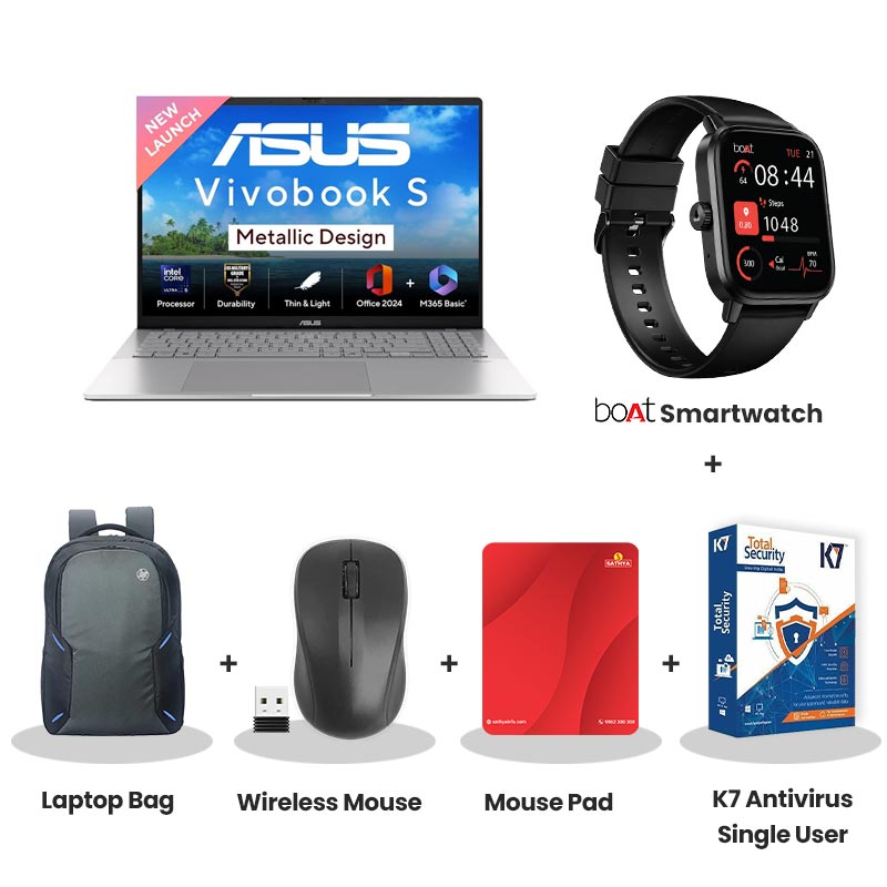 Asus Vivobook S16 - Intel Core Ultra 5 225H 16" (40.64 cm) S3607CA-RP065WS AI Powered Thin and Light Laptop (16GB/ 512GB SSD/ WUXGA 144Hz Display/ Intel Graphics/ Windows 11 Home/ Office Home 2024/ 1Year Warranty/ Cool Silver/ 1.70kg) with bOAt Smartwatch + Laptop Bag Wireless Mouse + Mouse Pad +  K7 Antivirus Single User