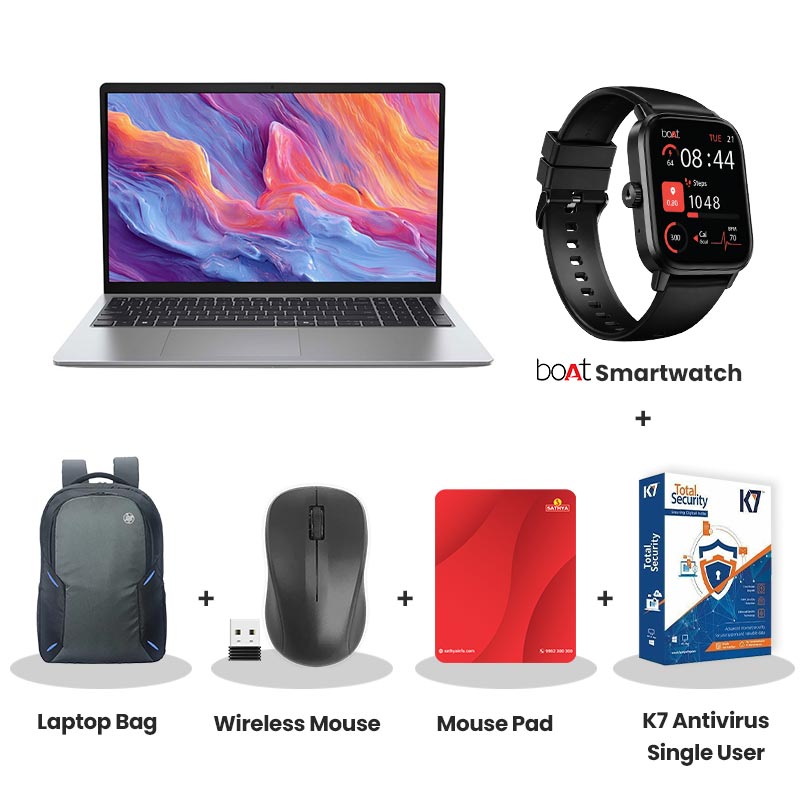 Dell 15 - Intel Core Ultra 5-225H 15.6" (39.62cm) Thin & Light Laptop (16GB/ 512GB SSD/ Full HD Display/ Intel Graphics/ Backlit Keyboard/ Windows 11 Home/ Office Home 2024 + M365 Basic/ 1Year Warranty/ Platinum Silver/ 1.66 kg) with bOAt Smartwatch + Laptop Bag Wireless Mouse + Mouse Pad +  K7 Antivirus Single User