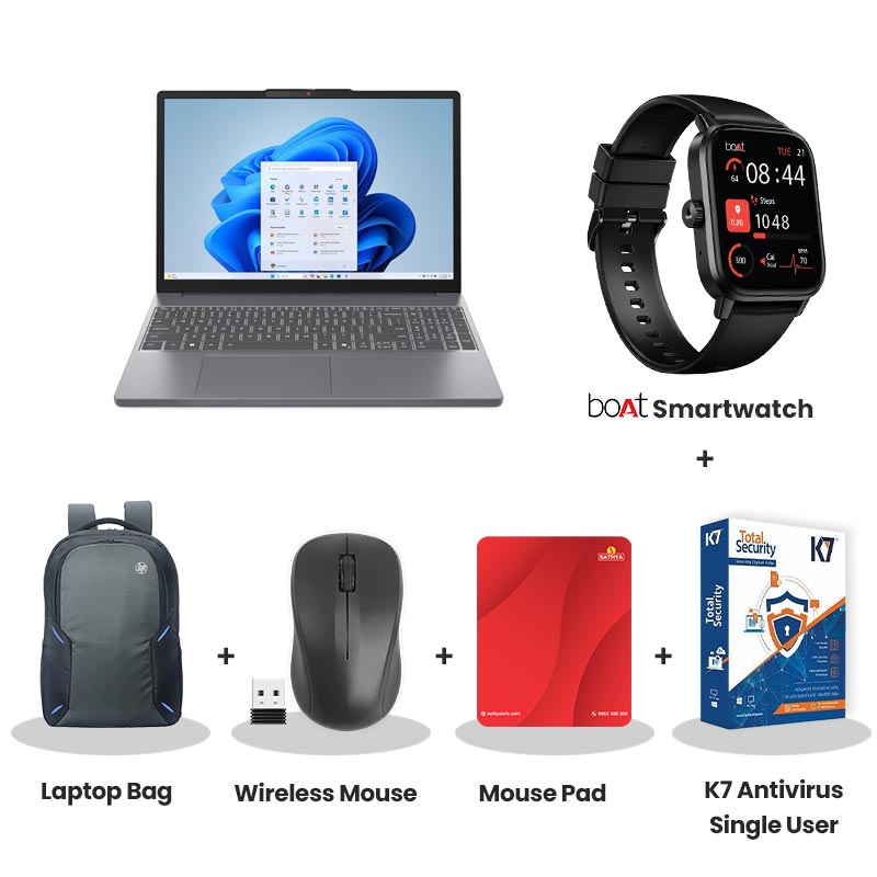 Lenovo IdeaPad Slim 3 - Intel Core i7-13620H 15.3" (38.86 cm)  83K1016NIN Thin & Light Laptop (16GB/ 512GB SSD/ WUXGA Display/ Integrated Intel UHD Graphics/ Windows 11 Home / Microsoft 365 Basic + Office Home 2024/ 1Year Warranty/ Luna Grey/ 1.59kg)  with bOAt Smartwatch + Laptop Bag Wireless Mouse + Mouse Pad +  K7 Antivirus Single User