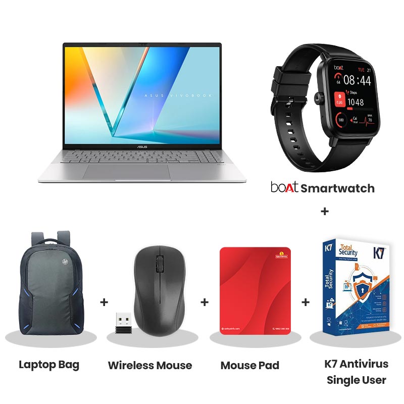 Asus Vivobook S16 - Intel Core Ultra 5 225H 16" (40.64 cm) S3607CA-SH071WS AI Powered Thin and Light Laptop (16GB/ 512GB SSD/ Full HD Display/ Intel Graphics/ Windows 11 Home/ Office Home 2024/ 1Year Warranty/ Cool Silver/ 1.70 kg) with bOAt Smartwatch + Laptop Bag Wireless Mouse + Mouse Pad +  K7 Antivirus Single User