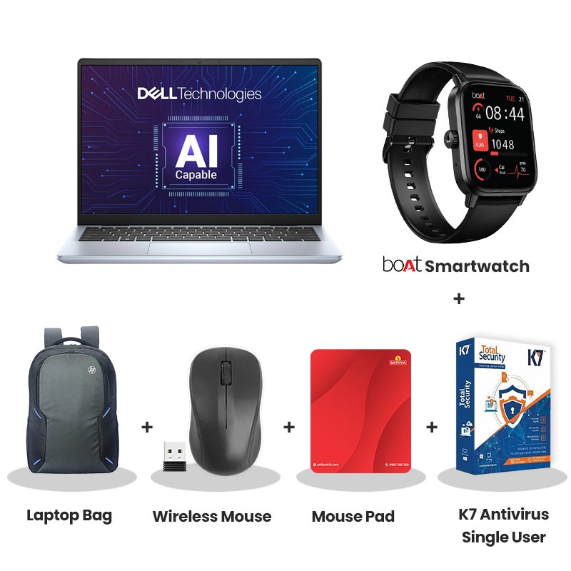 Dell  Inspiron 7440 New 14 Plus -  Intel Core 7 240H 14" (35.6 cm) Thin & Light Laptop (16GB LPDDR5X/ 512GB SSD/ Full HD Display/ Intel UHD Graphic/ Windows 11 Home/ Office Home 2024 + M365 Basic (1 Year Validity)/ 1Year Warranty/  Ice Blue/ 1.60 kg) with bOAt Smartwatch + Laptop Bag Wireless Mouse + Mouse Pad +  K7 Antivirus Single User