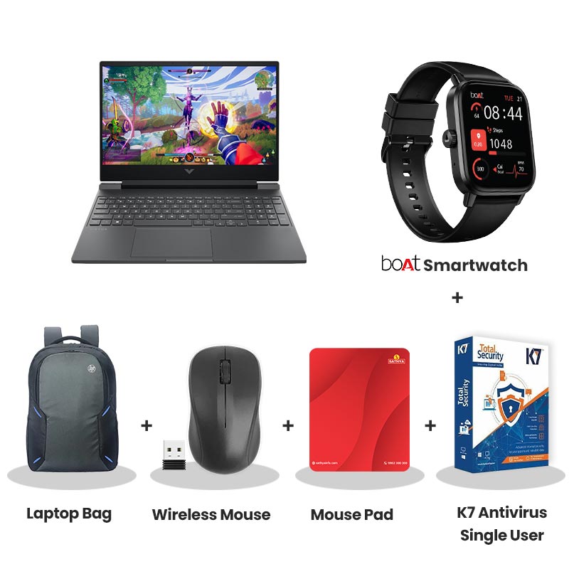 HP Victus -  Intel Core Core 5-210H  15.6" (39.6 cm)  15-fa2497TX Gaming Laptop  (24GB DDR5/ 512GB SSD/ Full HD IPS  Display/ NVIDIA GeForce RTX 3050 A/ Windows 11 Home/ Office Home 2024/  1Year Warranty/  Mica Silver/ 2.29 kg)  with bOAt Smartwatch + Laptop Bag Wireless Mouse + Mouse Pad +  K7 Antivirus Single User