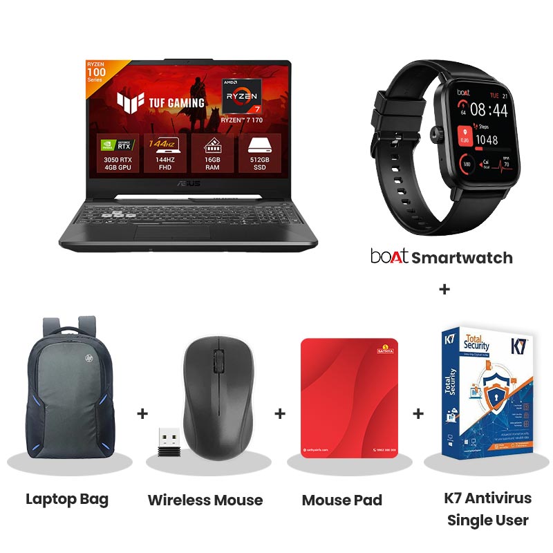 Asus  TUF Gaming A15 - AMD Ryzen 7 170 15.6" (39.62 cm) FA506NCQ-HN009WS Gaming Laptop (16GB DDR5/ 1TB SSD/ Full HD Display/ 4GB GDDR6 NVIDIA GeForce RTX 3050 / Windows 11 Home/Office Home 2024 + M365 Basic (1 Y1Year Warranty/ Graphite Black/ ear Validity)/ 2.30 kg) with bOAt Smartwatch + Laptop Bag Wireless Mouse + Mouse Pad +  K7 Antivirus Single User