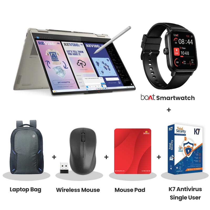 Lenovo Yoga 7 - Intel Core Ultra 7 258V 14" (35.5cm) 83JQ000NIN 2-in-1 Laptop (32GB/ 1TB SSD/ 2.8K WQXGA+ OLED/ Integrated Intel Arc Graphics 140V/ Backlit Keyboard/ Touchscreen/ Windows 11 Home/ Office Home 2024/ 1Year Warranty/ Seashell/ 1.38 kg)  with bOAt Smartwatch + Laptop Bag Wireless Mouse + Mouse Pad +  K7 Antivirus Single User