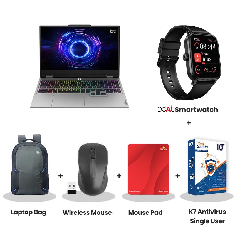 Lenovo LOQ -  Intel Core i7-14700HX  15.6" (39.6cm) 83JE00U5IN  Gaming Laptop (16GB/  1TB SSD/ Full HD Display/  NVIDIA GeForce RTX 5060 8GB GDDR7/ E-shutter/ Anti-glare/ Windows 11 Home/ Office Home 2024/ 1Year Warranty/ Luna Grey/ 2.4kg)  with bOAt Smartwatch + Laptop Bag Wireless Mouse + Mouse Pad +  K7 Antivirus Single User