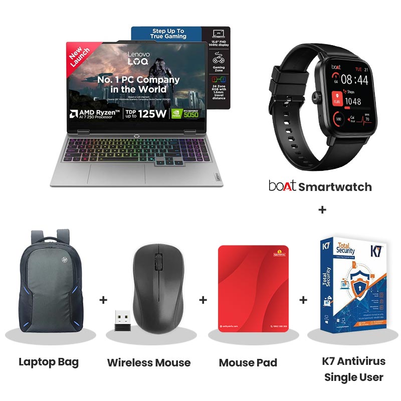 Lenovo LOQ - 	AMD Ryzen 7 250 15.6" (39.6cm) 83JG008NIN Gaming Laptop (24GB/ 1TB SSD/ Full HD Display/ NVIDIA GeForce RTX 5050 8GB GDDR7/ Windows 11 Home/ Office Home 2024/ 1Year Warranty/ Luna Grey/ 2.4kg) with bOAt Smartwatch + Laptop Bag Wireless Mouse + Mouse Pad +  K7 Antivirus Single User