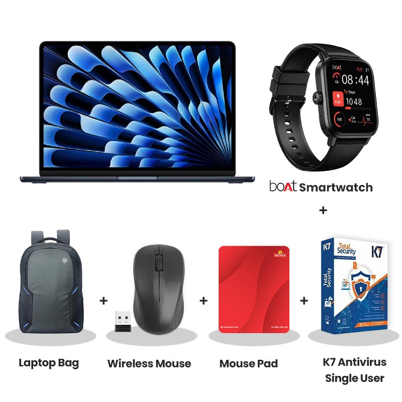 Apple MacBook Air -  M5 chip with 10‑core CPU and 8‑core GPU 13" (34.46 cm)  MDHE4HN/A Thin and Light Laptop (16GB/ 512GB SSD/ Indian English Backlit Magic Keyboard/ Mac OS/ 1Year Warranty/ 1Year Warranty/ Midnight) with bOAt Smartwatch + Laptop Bag Wireless Mouse + Mouse Pad +  K7 Antivirus Single User