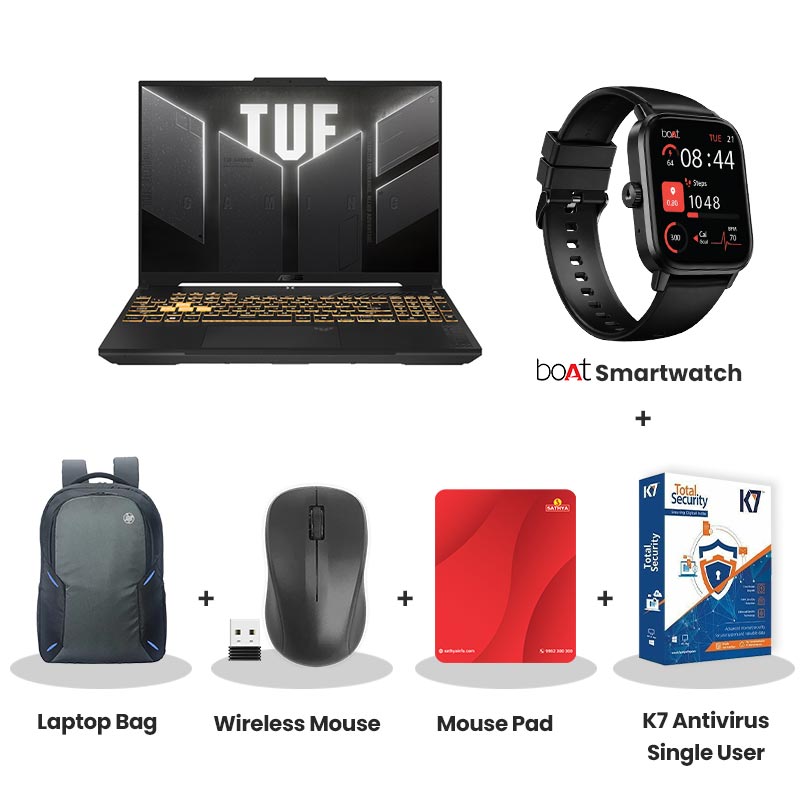 Asus TUF Gaming A16 - AMD Ryzen 7 170 (40.64cm)  FA607NUQ-RL063WS Gaming Laptop (16GB DDR5/ 1TB SSD/ Full HD Plus Display/  6GB GDDR6 NVIDIA GeForce RTX 4050/ Windows 11 Home/Microsoft Office Home 2024 + Microsoft 365 Basic/ 1Year Warranty/ Mecha Gray/ 2.20 kg) with bOAt Smartwatch + Laptop Bag Wireless Mouse + Mouse Pad +  K7 Antivirus Single User
