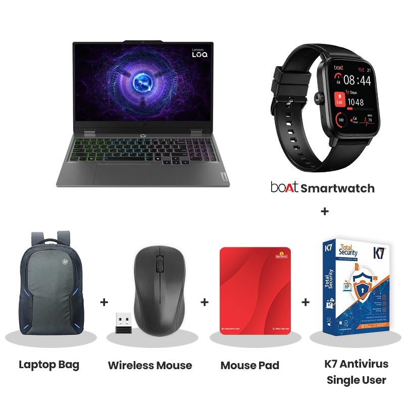 Lenovo LOQ - Intel Core i5-13450HX 15.6" (39.6cm) 83DV01AAIN Gaming Laptop (16GB/ 512GB SSD/  Full HD Display/ Anti-Glare/ E-shutter/ NVIDIA GeForce RTX 4050 6GB GDDR6/ Windows 11 Home/ Office Home 2024/ 1 Year Warranty/Luna Grey/ 2.38Kg)  with bOAt Smartwatch + Laptop Bag Wireless Mouse + Mouse Pad +  K7 Antivirus Single User