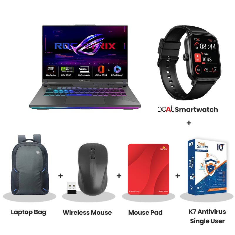 Asus Gaming V16 - Intel Core 5 210H 16" (40.64 cm) V3607VU-RP550WS Gaming Laptop (16GB/ 512GB SSD/ 6GB GDDR6 NVIDIA GeForce RTX 4050/ Windows 11 Home/ MS Office 2024/ 1Year Warranty/ Black/ 1.95 Kg)  with bOAt Smartwatch + Laptop Bag Wireless Mouse + Mouse Pad +  K7 Antivirus Single User