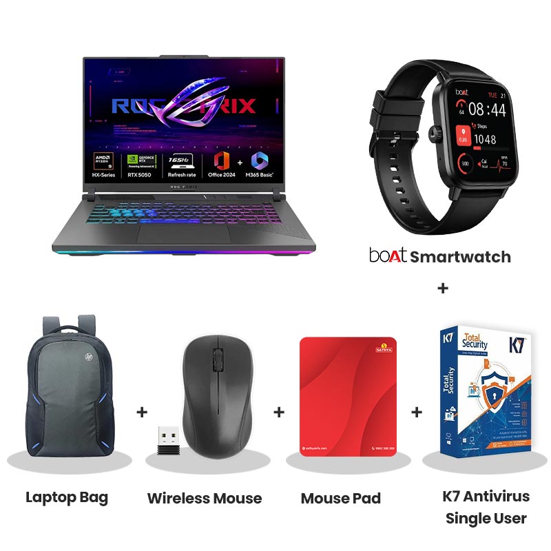 Asus ROG Strix G16 - AMD Ryzen 9 8940HX 16" (40.64 cms) G614PH-RV073WS Gaming Laptop (16GB DDR5/ 1TB SSD/ Full HD Plus Display/ RTX 5050 GPU/ Windows 11 Home/ Office Home 2024 + M365 Basic (1 Year Validity)/ 1Year Warranty/ Eclipse Gray/ 2.50 kg) with bOAt Smartwatch + Laptop Bag Wireless Mouse + Mouse Pad +  K7 Antivirus Single User