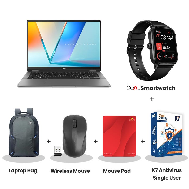 Asus Vivobook 14 Flip - Intel Core Ultra 5 226V 14" (35.56 cm) TP3407SA-SG183WS Thin & Light Laptop (16GB LPDDR5X/ 512GB SSD/ Full HD Plus Display/ Intel Arc Graphics/ Windows 11 Home/ Office Home 2024 + M365 Basic (1 Year Validity)/ 1 Year Warranty/ Matte Gray/ 1.57 kg) with bOAt Smartwatch + Laptop Bag Wireless Mouse + Mouse Pad +  K7 Antivirus Single User