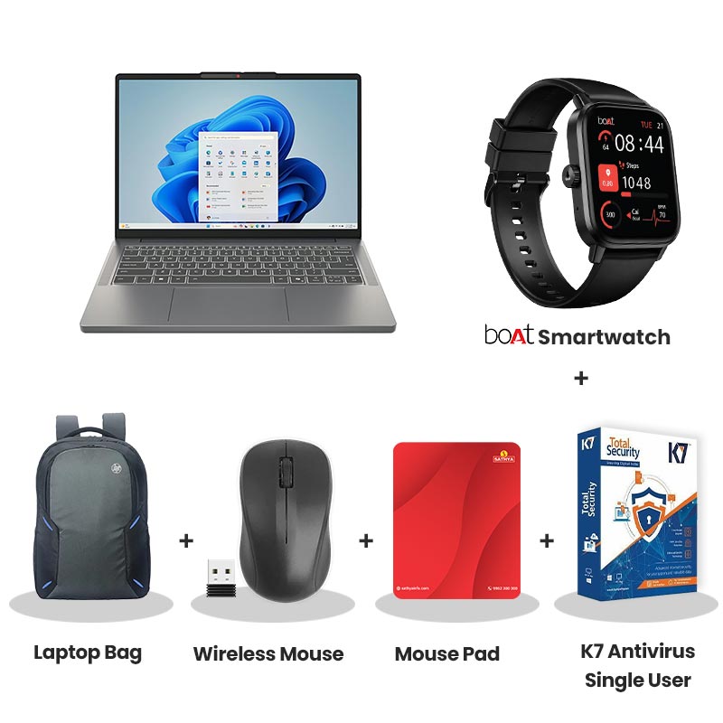 Lenovo IdeaPad Slim 3 -  Intel Core i5-13420H 14" (35.5cm) 83K000G0IN Thin & Light Laptop (16GB/ 512GB SSD/ Integrated Intel UHD Graphics/ Camera Privacy Shutter/  Anti-glare/ Windows 11 Home/ MS Office 2024/ 1Year Warranty/ Luna  Grey/ 1.39 kg)  with bOAt Smartwatch + Laptop Bag Wireless Mouse + Mouse Pad + K7 Antivirus Single User