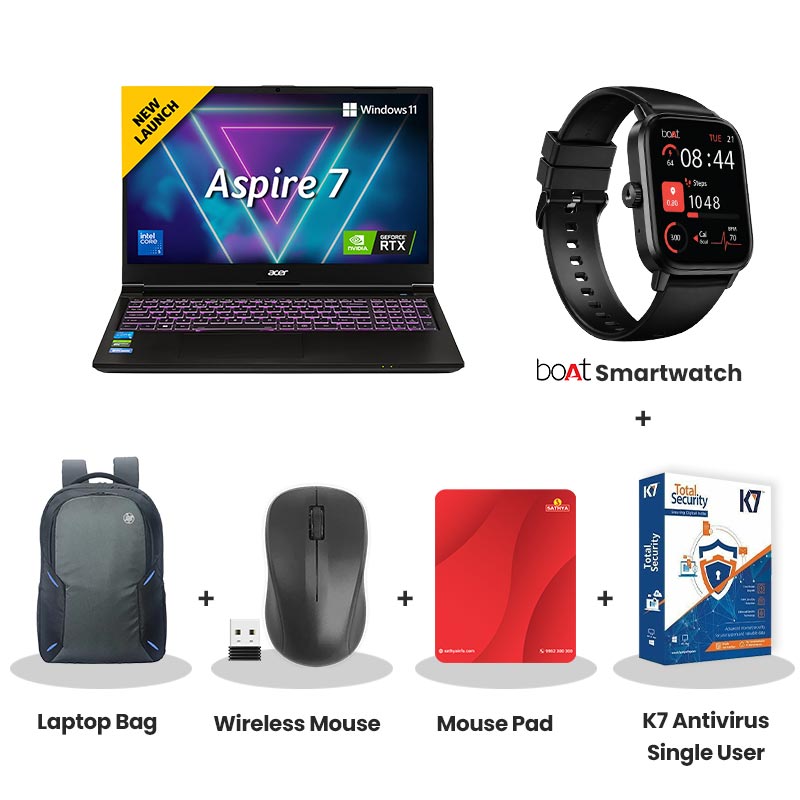 Acer Aspire 7 -  Intel Core 5 210H 15.6" (39.62 cm)  A715-79G Gaming Laptop ( 16GB DDR4/ 512GB SSD/ Full HD Display/ NVIDIA GeForce RTX 4050 6GB GDDR6/  Windows 11 Home/ MS Office/ 1Year Warranty/  Flame Black/  1.99 kg) with bOAt Smartwatch + Laptop Bag Wireless Mouse + Mouse Pad + K7 Antivirus Single User