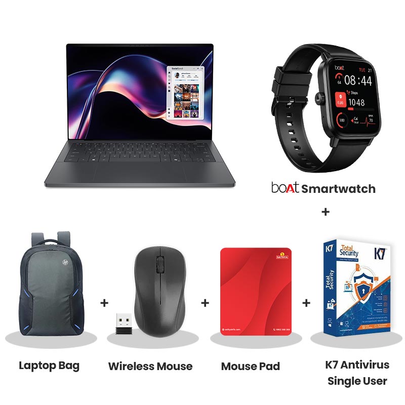 Dell  XPS 14 -  Intel Core Ultra X7 358H 14" (35.6 cm) Thin & Light Laptop (32GB LPDDR5x/ 1TB SSD/ Touch OLED Display/ Intel Arc Graphics/ Windows 11 Home/ Office Home 2024 + M365 Basic (1 Year Validity)/ 1Year Warranty/ Graphite/ 1.36 kg) with bOAt Smartwatch + Laptop Bag Wireless Mouse + Mouse Pad + K7 Antivirus Single User