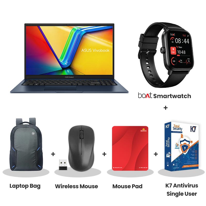 Asus Vivobook 15 - Intel Core i3-1315U 15.6" (39.62cm)  X1504VA-BQ342WS Thin & Light Laptop (16GB/ 512GB SSD/  Full HD Display/  Intel UHD Graphics/ Windows 11 Home/Office Home 2024 + M365 Basic (1 Year Validity)/  1Year Warranty/  Quiet Blue/ 1.70 Kg)  with bOAt Smartwatch + Laptop Bag Wireless Mouse + Mouse Pad + K7 Antivirus Single User