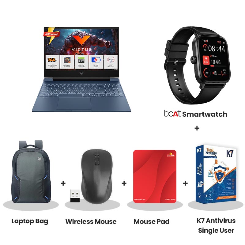 HP Victus - AMD Ryzen 7-7445HS 15.6" (39.6 cm) 15-FB3197AX Gaming Laptop (16GB DDR5/ 1TB SSD/ Full HD Display/ NVIDIA GeForce RTX 2050 4GB GDDR6/ Backlit Keyboard /120 W AC power adapter/ 52.5 Wh Li-ion polymer/ Windows 11 Home/ 1 Year Warranty/ Performance Blue) with bOAt Smartwatch + Laptop Bag Wireless Mouse + Mouse Pad + K7 Antivirus Single User