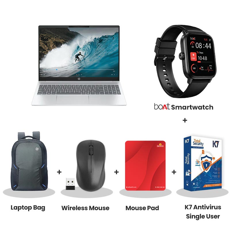 HP OmniBook 5 - AMD Ryzen AI 5 340 16" (40.6 cm) 16-ag1037AU Thin & Light Laptop (16GB/ 512GB SSD/ AMD Radeon 840M/ Backlit Keyboard/ Camera Privacy/ Windows 11 Home/ MS Office 2024/ 1Year Warranty/ Silver/ 1.79 kg)  with bOAt Smartwatch + Laptop Bag Wireless Mouse + Mouse Pad + K7 Antivirus Single User