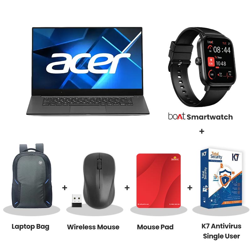 Acer Aspire Lite -   AMD Ryzen 3-5400U 15.6" (39.62 cm) AL15-41 Thin & Light Laptop  ( 8GB/ 500GB SSD/ Full HD Display/ AMD Radeon Graphics/ Windows 11 Home / MS Office/ 1Year Warranty/ Steel Gray/ 1.6Kg) with bOAt Smartwatch + Laptop Bag Wireless Mouse + Mouse Pad + K7 Antivirus Single User